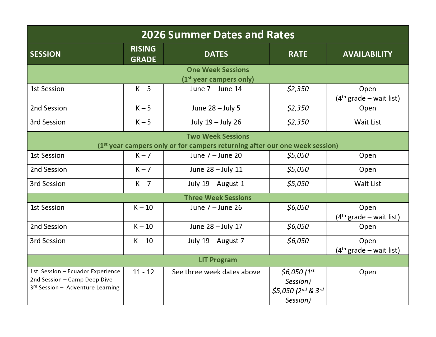 2026 Summer Dates and Rates